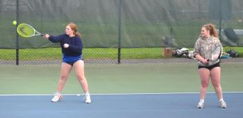 Boothbay's second doubles team, Addie Barter, left, and Ivory Cody won their match against Dirigo on Monday, May 5. KEVIN BURNHAM/Boothbay Register