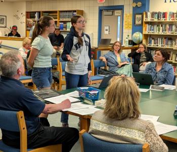 BRHS freshmen Moriah and Zuri Smith speak to the CSD School Committee about creating an environmental club. FRITZ FREUDENBERGER/Boothbay Register