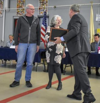 Lynn Thompson and Jeff Long accept the Spirit of America Tribute from the town of Boothbay Harbor on behalf of the Harbor Theater. FRITZ FREUDENBERGER/Boothbay Register