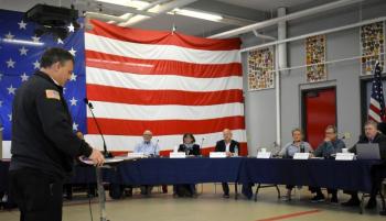 Boothbay Region Ambulance Service president Robert Ham speaks during Boothbay Harbor's annual town meeting May 3. FRITZ FREUDENBERGER