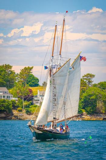 Thomas E. Lannon sails into Boothbay Harbor on Windjammer Days, nominated as a top festival in Down East Magazine's "Best of Maine" competition. Mike Leonard photo
