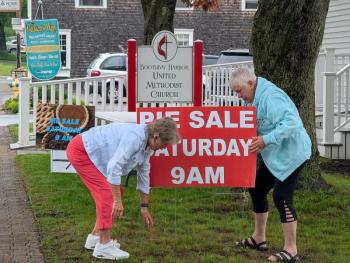 Pie Ladies Cathy Blake, left, and Betty Lou Townsend prepare for the June 7 pie sale. CANDI JONETH/Boothbay Register Pie Ladies