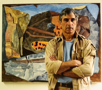 Joseph Fiore with his painting Virgo Tiger in 1987. The Maine Art Gallery and Maine Farmland Trust are collaborating on a retrospective of the artist’s six decades of work. Photo by Peggy McKenna, courtesy the Penobscot Marine Museum. Joseph Fiore with his painting Virgo Tiger in 1987. The Maine Art Gallery and Maine Farmland Trust are collaborating on a retrospective of the artist’s six decades of work. Photo by Peggy McKenna, courtesy the Penobscot Marine Museum.