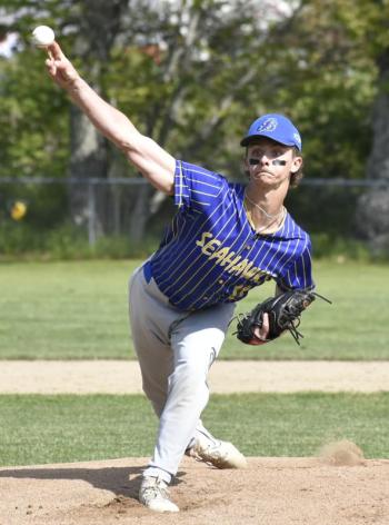 Liam Jacobs pitched a no-hitter and marked his 100th strikeout for the season June 3. FRITZ FREUDENBERGER/Boothbay Register