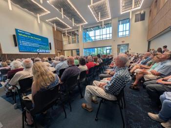 Right whales and large crowds kick off Bigelow's 2025 Cafe Sci series. CANDI JONETH/Boothbay Register Whales in the Forecast: Using 21st Century Tools to Understand an Endangered Species.