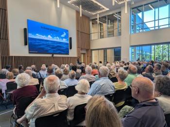 Dr. Rebekah Shunmugapandi asks, "What color is the ocean?" CANDI JONETH/Boothbay Register Whales in the Forecast: Using 21st Century Tools to Understand an Endangered Species.