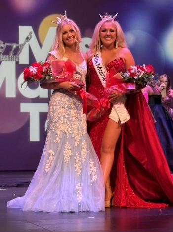 Alana LaCourse (left) 2025 Miss Maine's Teen stands on stage with Paige Lessard, 2025 Miss Maine at the Donald M. Gay Performing Arts Center at Edward Little High School. Photo courtesy: Miss Maine