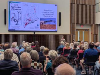 Hannah Sterling presents an interactive map of PFAS concentrations in Maine. CANDI JONETH/Boothbay Register Bigelow addresses PFAS contamination in Casco Bay and beyond
