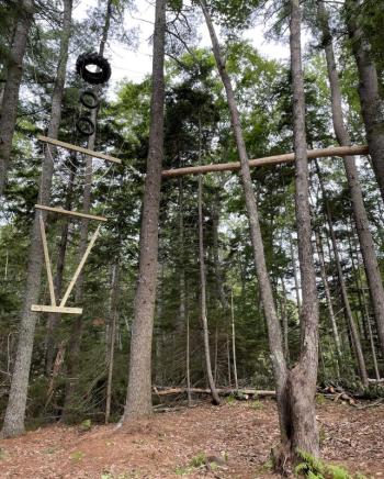 "Vertical Playpen," left, and "Cat Walk," right, are two of the elements in the new challenge course at BRHS. FRITZ FREUDENBERGER/Boothbay Register
