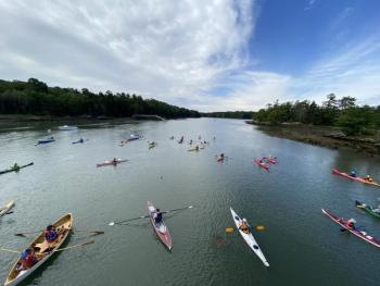 Boothbay Region YMCA Rowgatta participants before lining up to launch at Knickercane on Barter’s Island. Courtesy of Allyson Goodwin 