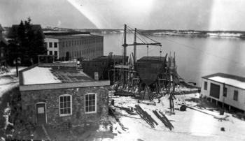 Sister ships Harvard and Bainbridge under construction at Rice Brothers Shipyard, circa 1921. Courtesy of Boothbay Region Historical Society Sister ships Harvard and Bainbridge under construction at Rice Brothers Shipyard, circa 1921. Courtesy of Boothbay Region Historical Society