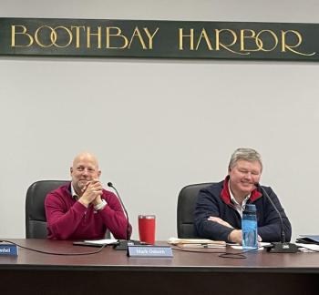 Mark Osborn, left, at a Boothbay Harbor Selectmen's meeting in 2024. File photo. 