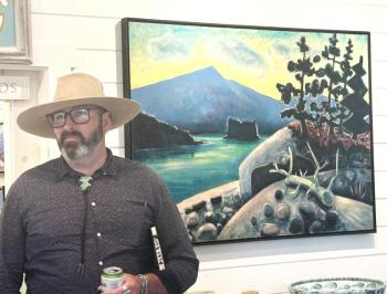 Brunswick-based artist Matt Barter stands in front of his father, Philip Barter's painting, "Spring Evening Grindstone," at the opening reception of their father-son show at Kerr + Jones Fine Art in East Boothbay Sept. 17. LISA KRISTOFF/Boothbay Register Brunswick-based artist Matt Barter stands in front of his father, Philip Barter's painting, "Spring Evening Grindstone," at the opening reception of their father-son show at Kerr + Jones Fine Art in East Boothbay Sept. 17. LISA KRISTOFF/Boothbay Register