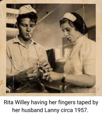 Rita Willey having her fingers taped by her husband, circa 1957.  (Photo courtesy Penobscot Marine Museum)