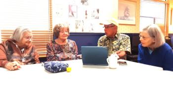 (From left) Jean Conte, Joyce Armendaris and Anna Apollonio (far right) benefit from Dan Downing's technical advice. JANE CARPENTER/Boothbay Register