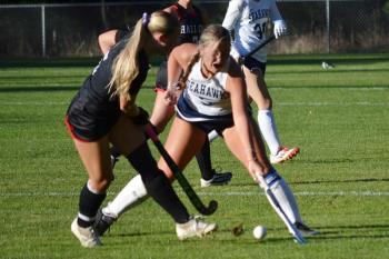Tatum French looks to stop a Hall-Dale player. KEVIN BURNHAM/Boothbay Register