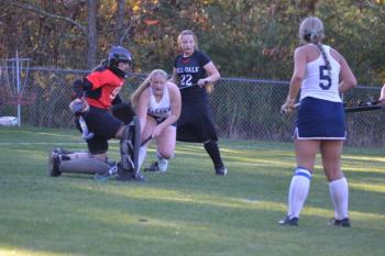 Lilly Cowing battles the Hall-Dale goalie for the ball. KEVIN BURNHAM/Boothbay Register