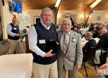 William "Bill" Tompkins, left, with Tom Mellor, president of the Midcoast Sports Hall of Fame. Larry Brown photo