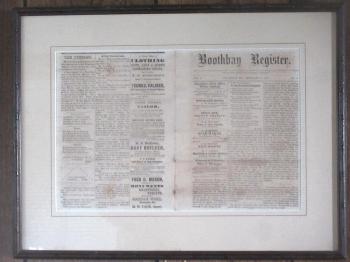 The framed Feb. 17, 1877 edition of the Boothbay Register. Courtesy of Scott Cohoon