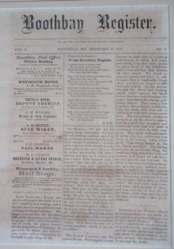 The front page of the ninth issue of the Boothbay Register, Feb. 17, 1877. Courtesy of Scott Cohoon