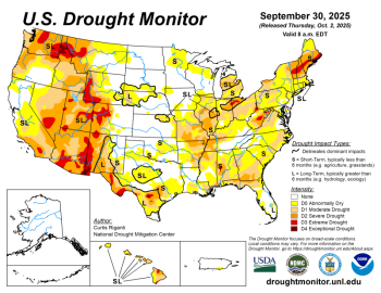 The U.S. Drought Monitor is jointly produced by the National Drought Mitigation Center at the University of Nebraska-Lincoln, the United States Department of Agriculture, and the National Oceanic and Atmospheric Administration. Map courtesy of NDMC.