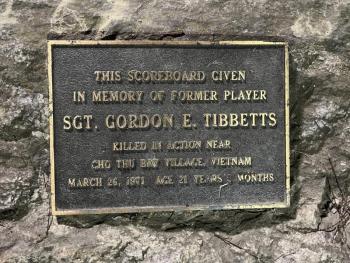 A plaque near the high school football field remembers Tibbetts' service. Courtesy of Larry Brown