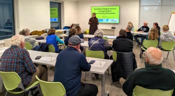Sunrise Ecologic owner Shri Verrill speaks to residents at an Oct. 23 workshop to discuss active transportation across the Boothbay region and how to improve it. Courtesy photo
