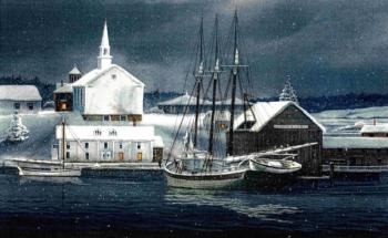 Earle Barlow’s 1920s scene of the Coal Wharf East Boothbay. Boothbay Region Historical Society Photo Collection