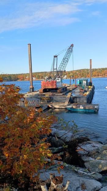 Bancroft Contracting Corporation works on the Burnt Island pier and float rebuild project. Courtesy of DMR