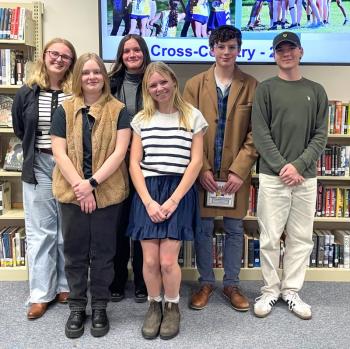 The cross-country team seniors. Clockwise, from top left, Hanna Kreft, Rose Campbell, Ross Gaffney, Nathan Percival, Maddie Andreasen, and Abby Orchard. FRITZ FREUDENBERGER/Boothbay Register