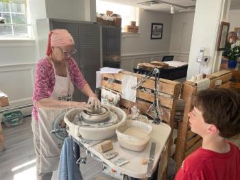 Julie Moore at her studio in Boothbay Harbor, Maine May 2022. Photo taken by daughter-in-law Sarah Meyers