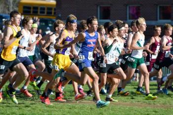 Seahawk AJ Crocker, center, in the starting pack at the Class C State XC Championships Nov. 1 in Augusta. Courtesy of Michael Gaffney