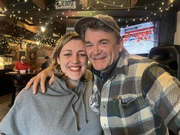 John Michael Higgins, right, and Winter Page at Pier 1 Pizza. Courtesy Tanner Grover
