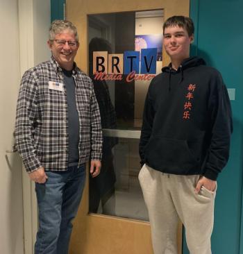 BRHS junior Cole Hyson joins Station Manager Lang Sheppard and the BRTV team as part of the high school's mentorship program. ISABELLE CURTIS/Boothbay Register