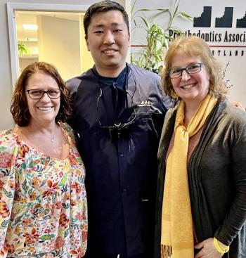 Christina with her brand-new smile stands with Dr. Bright Chang who with Oral Surgeon Dr. Matt Lawler donated $16,000.00 worth of treatment, and Mary Kamradt with Finding Our Voices who drove from Rockport to help celebrate. Photo supplied by Finding Our Voices 