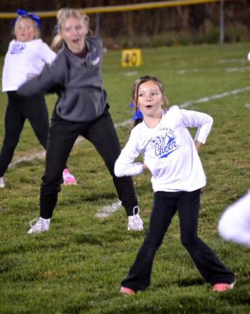 The Little Seahawk cheerleaders displayed their skills and excitement in front of a big crowd during their performance on Friday night, Oct. 24 on Sherman Field at halftime of the Seahawks vs. Mt. View football game. KEVIN BURNHAM/Boothbay Register