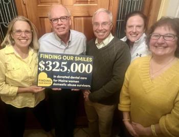 Finding Our Smiles Dental Advisors Dr. Rob Berube and Dr. David Pier, flanked by other Team Smiles members from left: Patrisha McLean, CEO+Founder of Finding Our Voices, Nicole Larrabee, board member and treasurer, and Mary Kamradt, operations director. Photo by Karen Pier