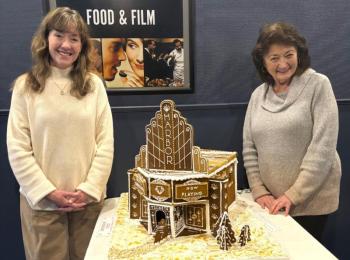 Lead baker/contractors of the Harbor Theater gingerbread, Hilary Allen and Eni DeLisle. LISA KRISTOFF/Boothbay Register