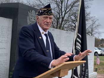 American Legion Post 54 Cmdr. William Cossette Jr.  shares his Honor Flight memories with the Veterans Day gathering Nov. 11 in Wiscasset. SUSAN JOHNS/Wiscasset Newspaper