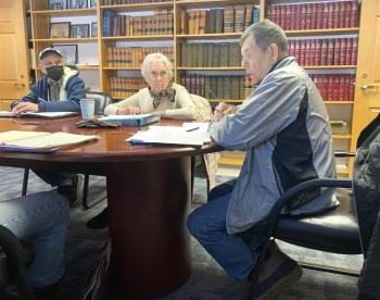 The Boothbay Region Cemetery District discusses finding a new board member at first meeting of the year. Pictured: Clarence Campbell, Sue Hochchin and President Bernard "Skip" MacPhee. ISABELLE CURTIS/Boothbay Register