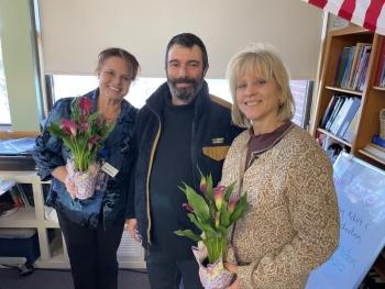 Former program assistant Kate Winslow, 2024 Boothbay graduate Jordi del Rio, and instructor Margit Ahlin on Teacher Appreciation day Courtesy of Raye Leonard