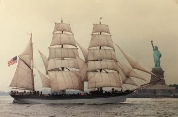 The 1877 bark "Elissa" sailing into New York in 1986 with Nat Wilson's sails. Courtesy Nat Wilson.