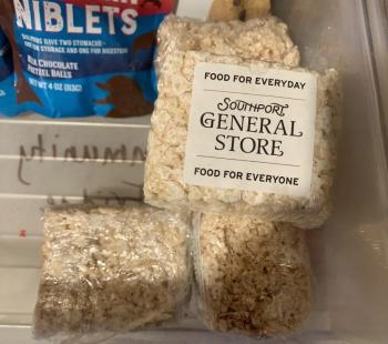 "Food for everyday, food for everyone," declares a donated item from the Southport General Store. ISABELLE CURTIS/Boothbay Register