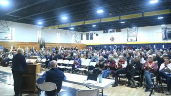 Governor Janet Mills speaks at the LCDC caucus at Medomak Valley High School on Feb. 28. Bob Crink photo