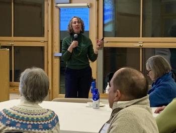  President and CEO Gretchen Ostherr gets feedback from community members during CMBG's first forum. ISABELLE CURTIS/Boothbay Register