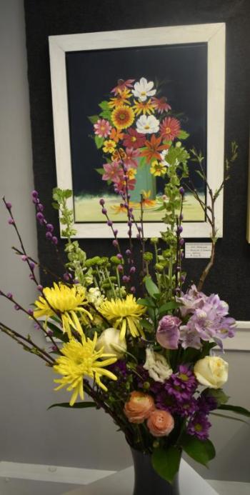 Ann Hedgcock - "Bouquet With Cosmos" - acrylic; BRGC floral arrangement Jan Brennan