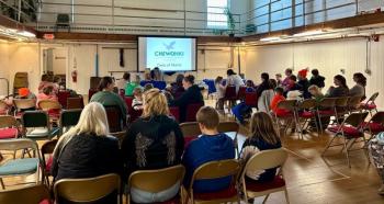 Families arriving to participate in the “Owls of Maine” program offered by Chewonki’s Center for Environmental Education in Thomaston April 22. Photo by Char Corbett of Healthy Kids