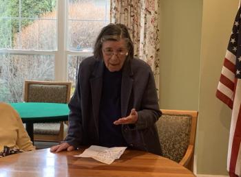 Joan Stark gives a brief speech to members to celebrate 25 years of the Visually Impaired Persons (VIP) group. ISABELLE CURTIS/Boothbay Register