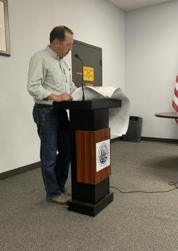 Flycatcher LLC Environmental Consultant Tim Forrester presents on behalf of Sample's Shipyard. ISABELLE CURTIS/Boothbay Register