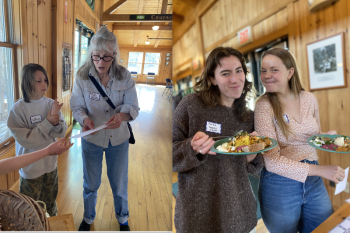 Karlis Ziedens and Kathleen Younger Boothbay Pantry Partner, left photo, and Skye Stinnett team and Campbell Leonard board. Courtesy of Veggies to Table